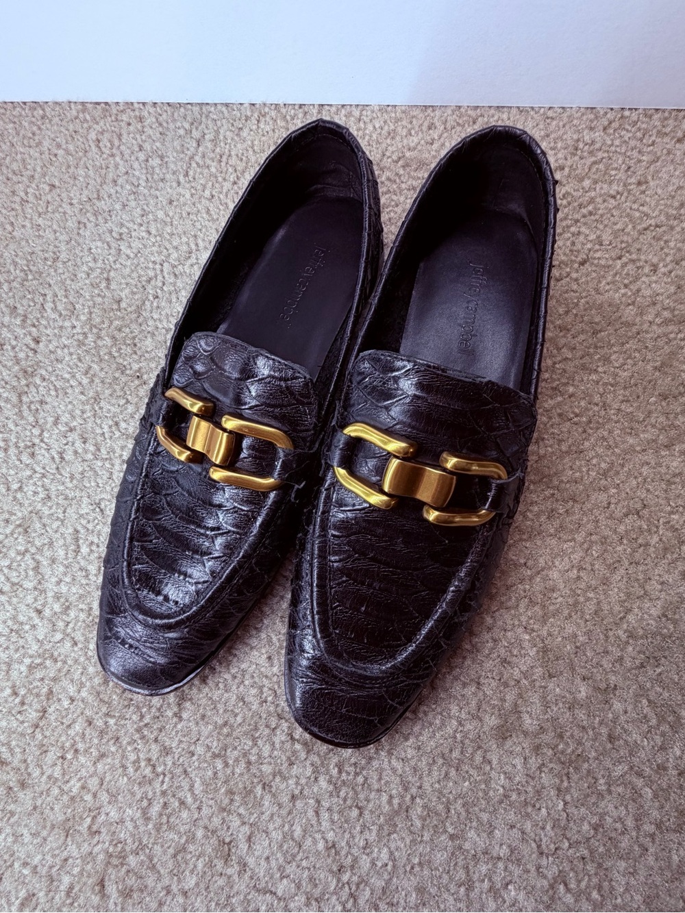 Jeffrey Campbell Black Exotic Leather Moc Toe Loafer Flat Gold Hardware US 8.5